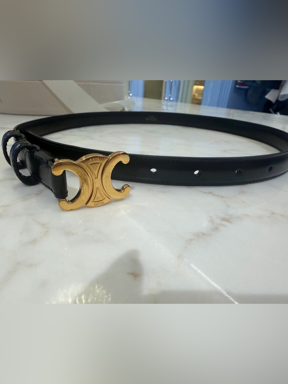 Celine Triomphe Black Leather Belt with Gold Buckle